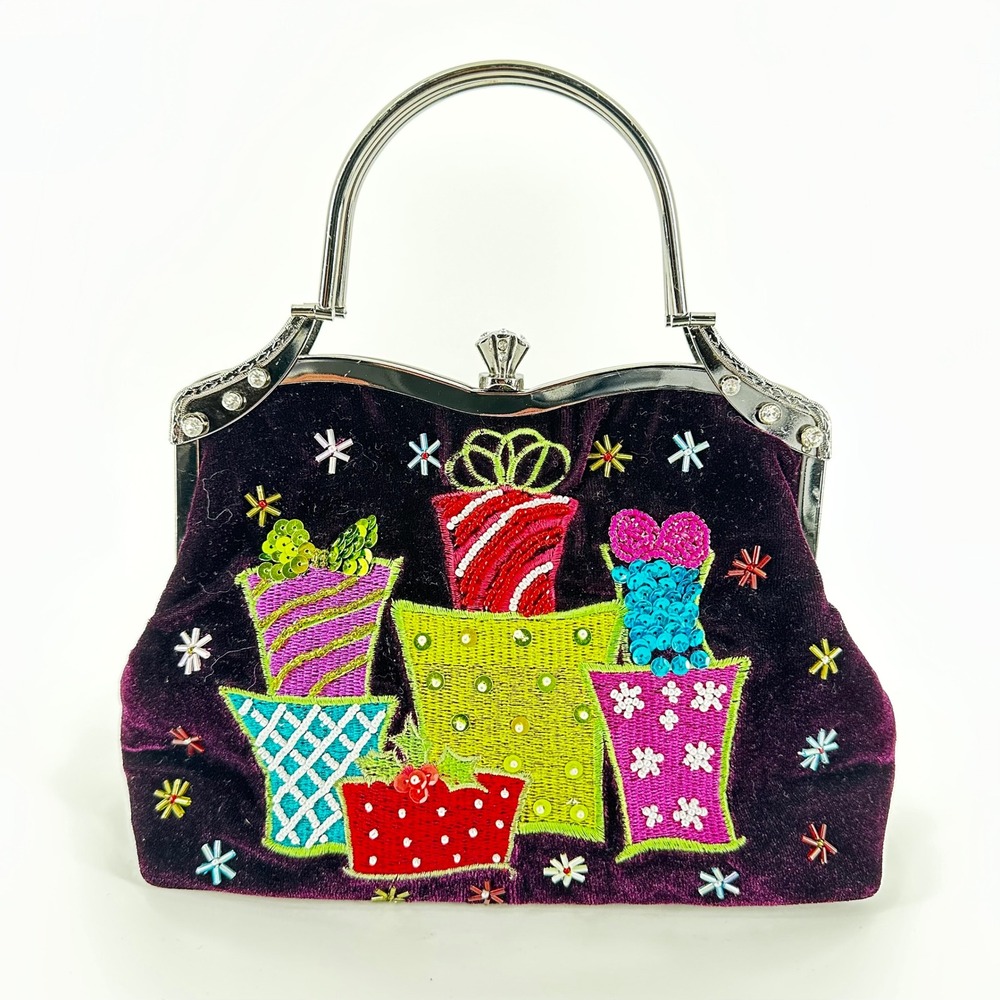 Vendula London Christmas Gift Velvet Beaded Frame Bag Purple Small